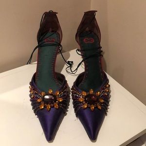 Escada Jeweled Satin d’Orsay Heels w/ Ankle Ties